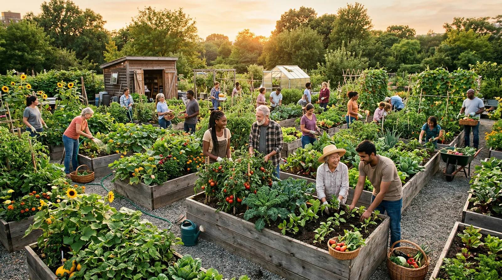 A diverse community garden with people working together among raised beds of vegetables at golden hour