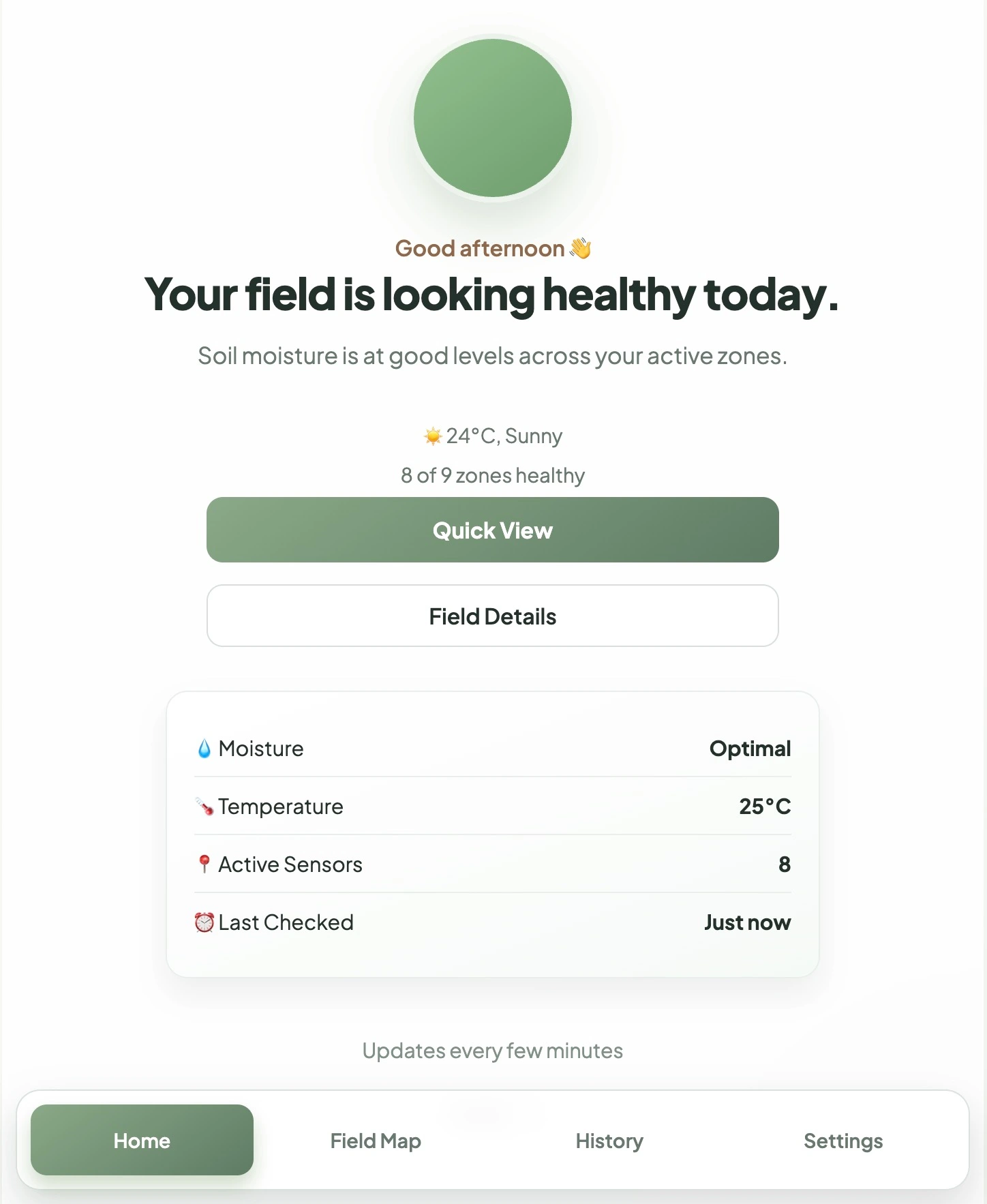 AgriScan dashboard showing zone-by-zone soil moisture status with Water Now, Monitor, and OK indicators